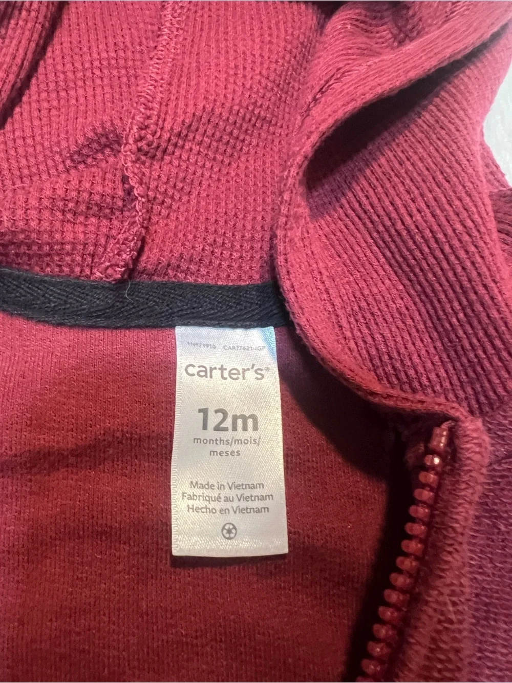 Carter's Baby Boys Sz 12 Months Hooded Vest Sleeveless Burgundy Full Zip Cotton